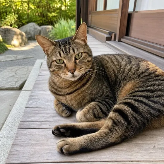 縁側でくつろぐキジトラ猫